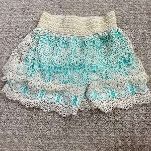 Knit Works Girls Teal Blue Green Lace Knitted Boho Skort Shorts Size Medium